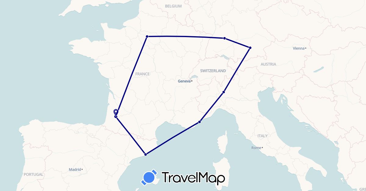 TravelMap itinerary: driving in Germany, Spain, France, Italy (Europe)